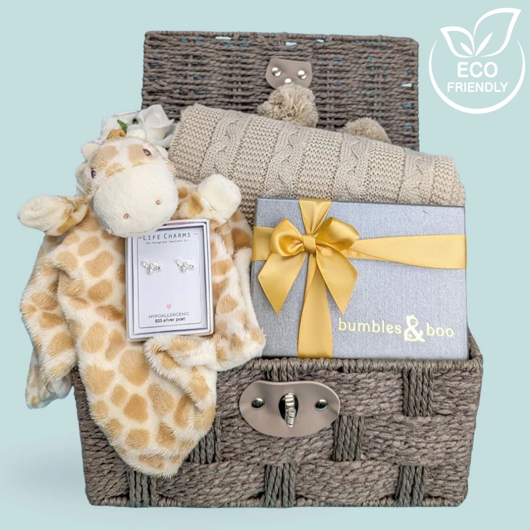 baby shower gifts hamper with giraffe soft toy, baby blanket, chocolates and silver earrings for mum.
