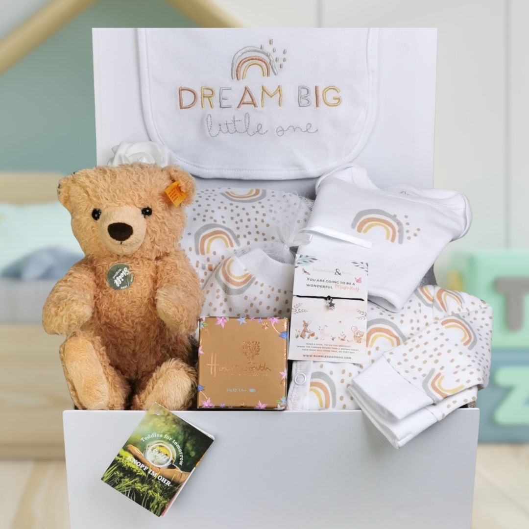 baby shower gifts box with clothing set and steiff teddy bear