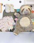 Baby shower gifts box with sloth comforter blanket and organic towel.