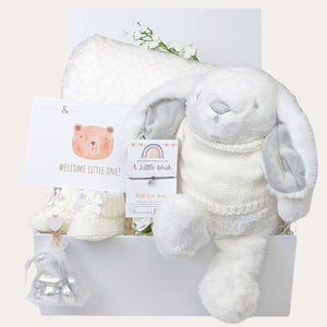 Baby shower gifts box with white bunny and blanket. Hamper designed by Bumbles and Boo.