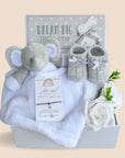 baby shower gifts box with neutral elephant theme in white and grey.