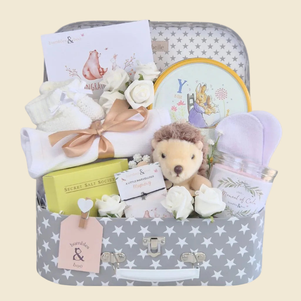 Baby shower gifts hamper with relaxing treats for Mum and essential toys and presents for baby. Bumbles and Boo.