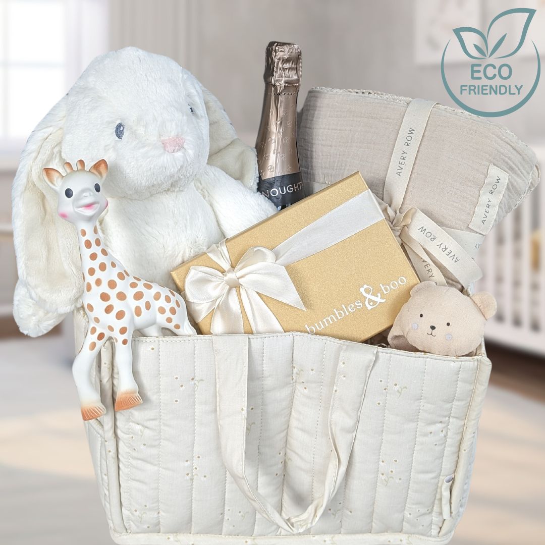 baby shower gifts with organic nappy caddy and bunny soft toy.