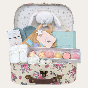 Adorable floral baby shower gifts box with presents for mum and baby in a hamper- pink and sage green. A Bumbles and Boo gift. 