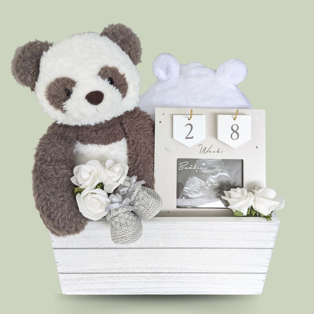 Baby shower gift with pregnancy frame, panda bear, bath robe and booties.