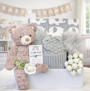 A baby box which has a teddy bear and elephant theme baby blanket.