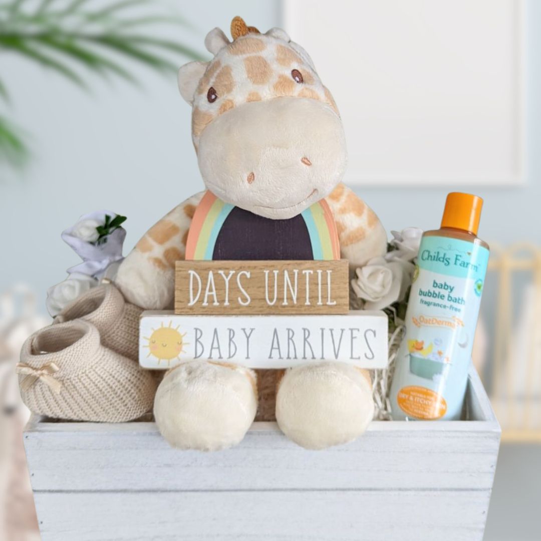 baby shower gift with giraffe toy and organic baby wash.