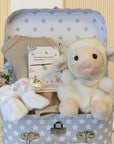 baby shower gifts trunk with lamb, bib and booties