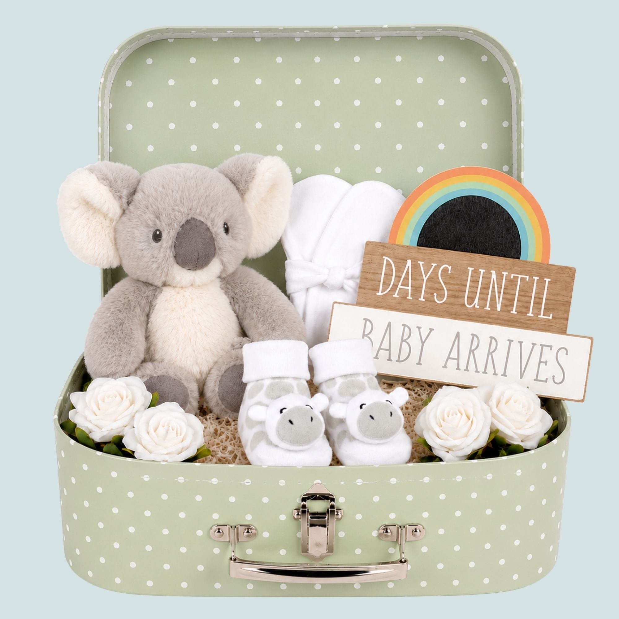Baby shower gifts hamper with grey white koala teddy and rainbow plaque by Bumbles and Boo.