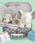 Baby shower gifts hamper with white elephant toy.