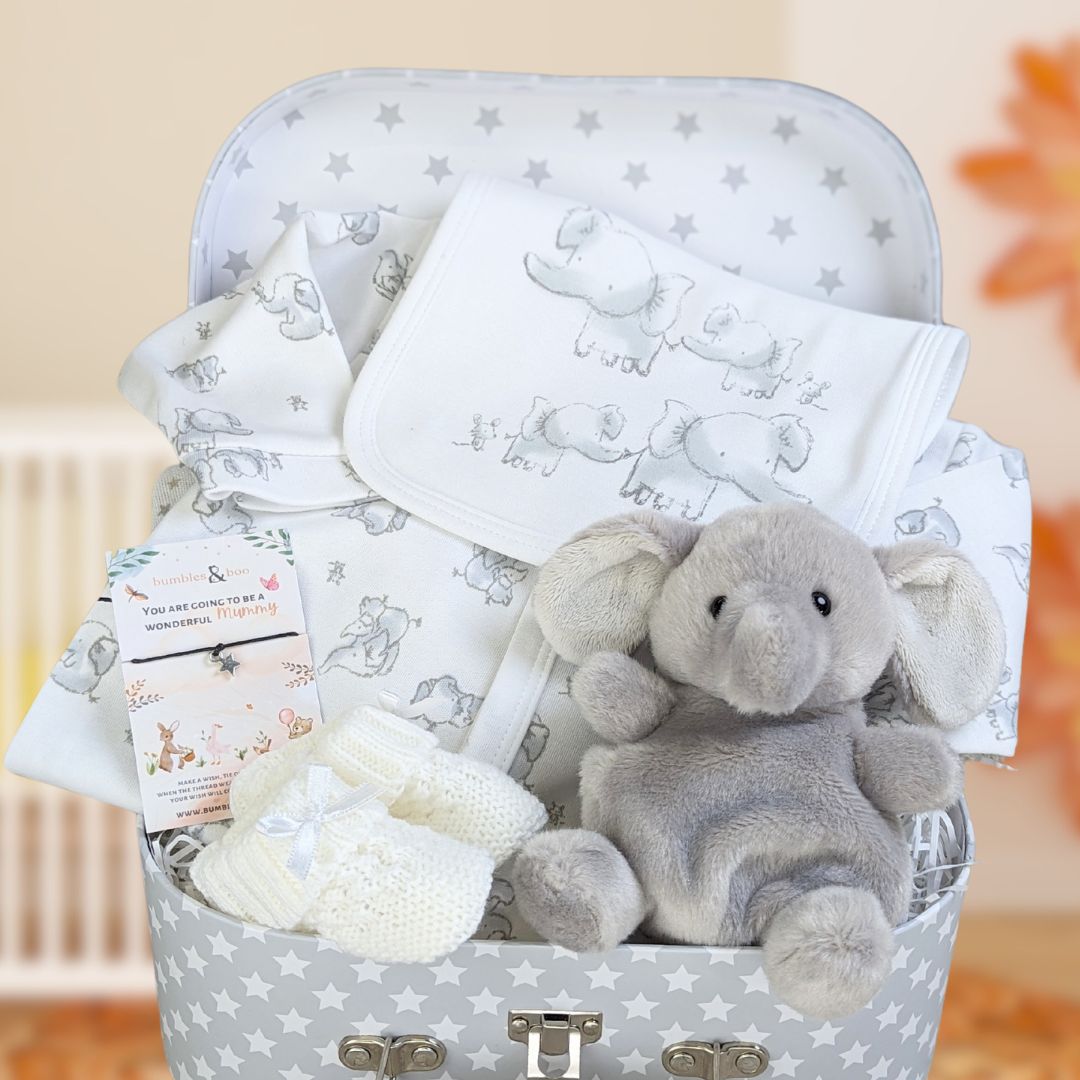 baby shower gift with elephant themed baby clothing set