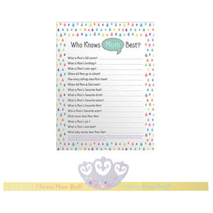 Who Knows Mum Best question card with a pastel raindrop border and yellow-banded winner's crown.