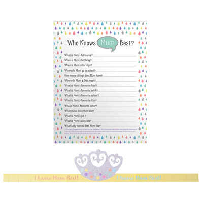 Who Knows Mum Best question card with a pastel raindrop border and yellow-banded winner's crown.
