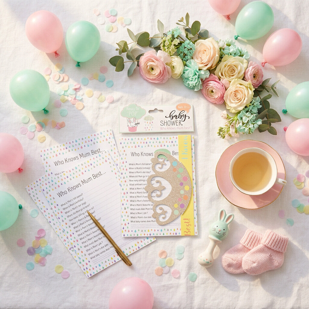 Packaged Who Knows Mum Best baby shower game cards with a winner's crown.
