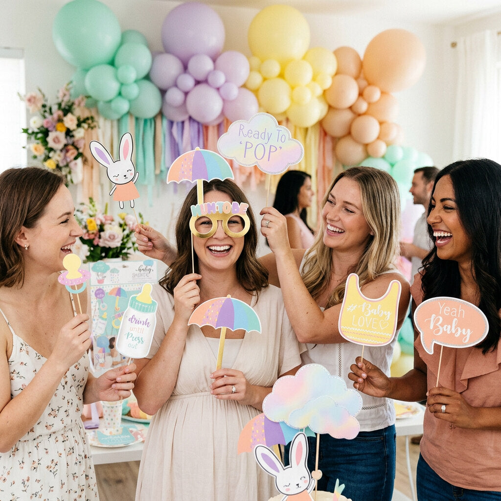 Guests holding pastel baby shower photo props in front of a colourful balloon backdrop.