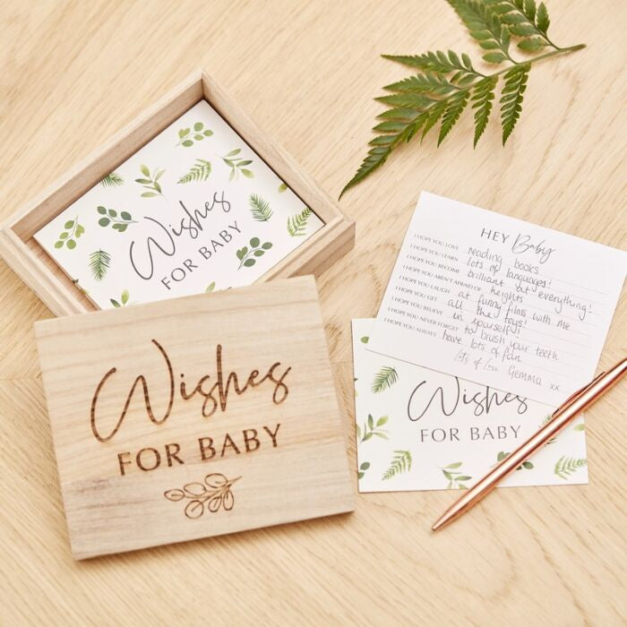 Botanical Wishes for Baby cards beside an open wooden keepsake box and a sample completed card.