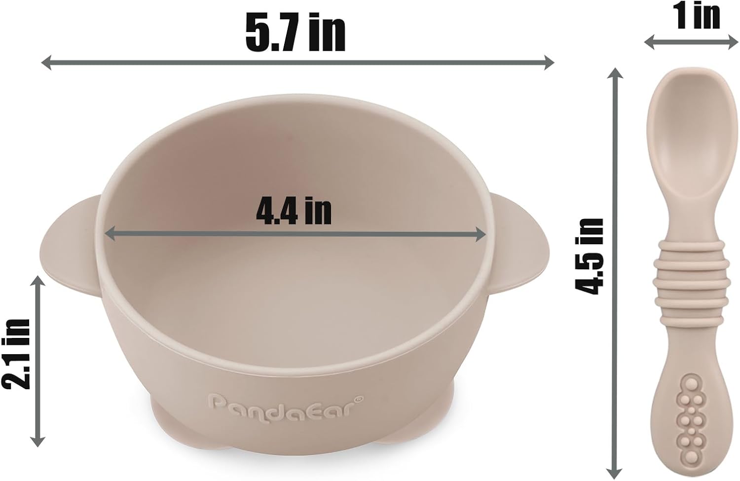 Baby Dining Set bowl and spoon with dimensions shown
