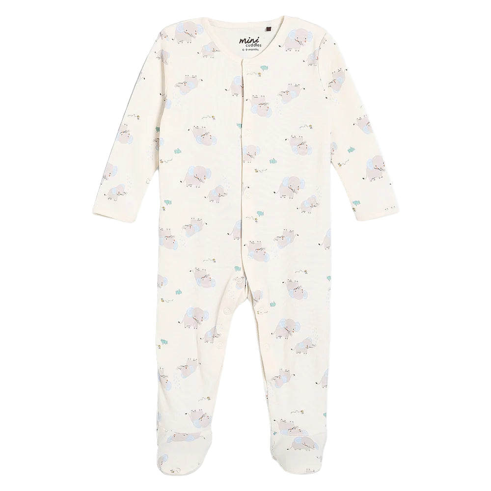 Baby sleepsuit with elephant print on a white background