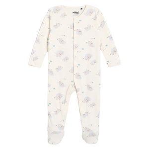 Baby sleepsuit with elephant print on a white background