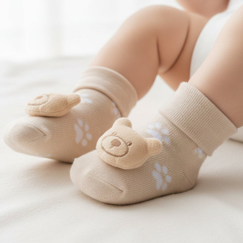 Baby teddy rattle socks in beige with soft bear face detail and knitted finish, worn on baby feet.