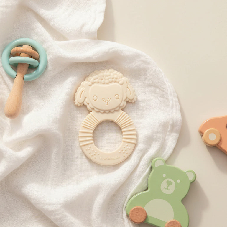 On The Farm Lamb Silicone Teether showing textured sensory surfaces.