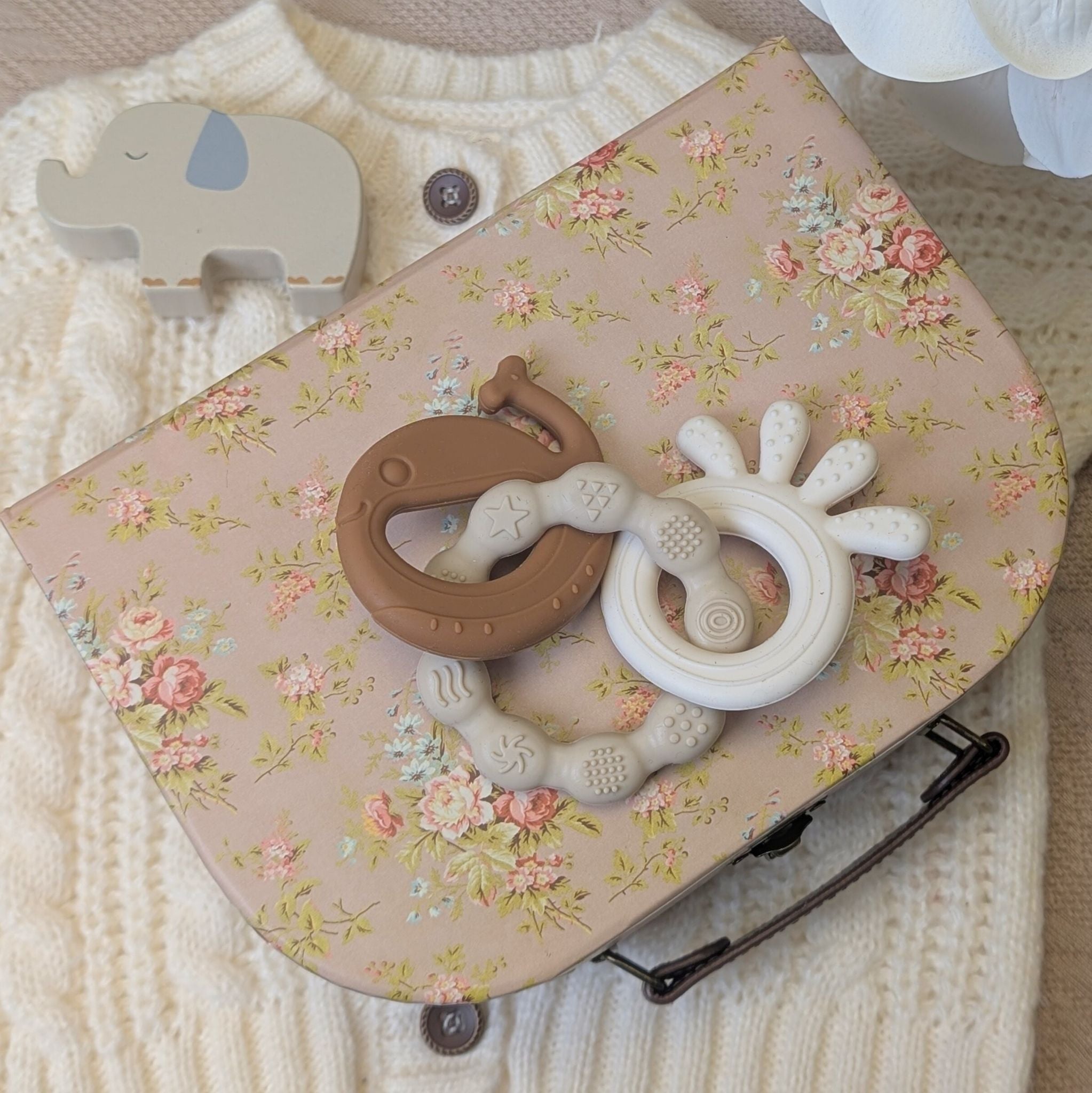 Silicone baby teething rubber toy brown and cream