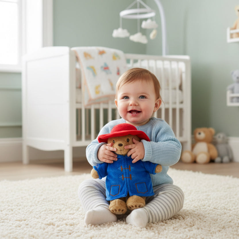 My First Paddington Bear baby toy in blue coat and red hat, soft plush teddy suitable from birth.