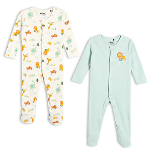 Baby unisex 2 pack animal printed sleepsuits made from soft cotton