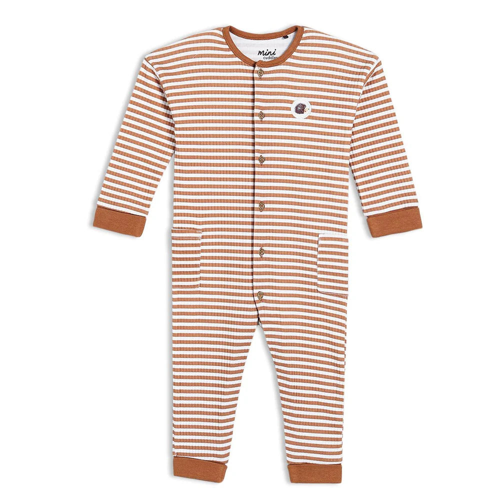 Front view of baby unisex cotton striped romper