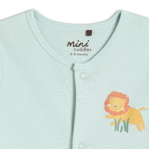 Baby unisex mint green sleepsuit with lion chest motif