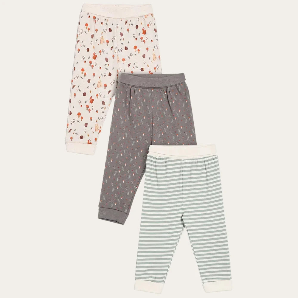 Baby unisex printed joggers three pack in mixed colours