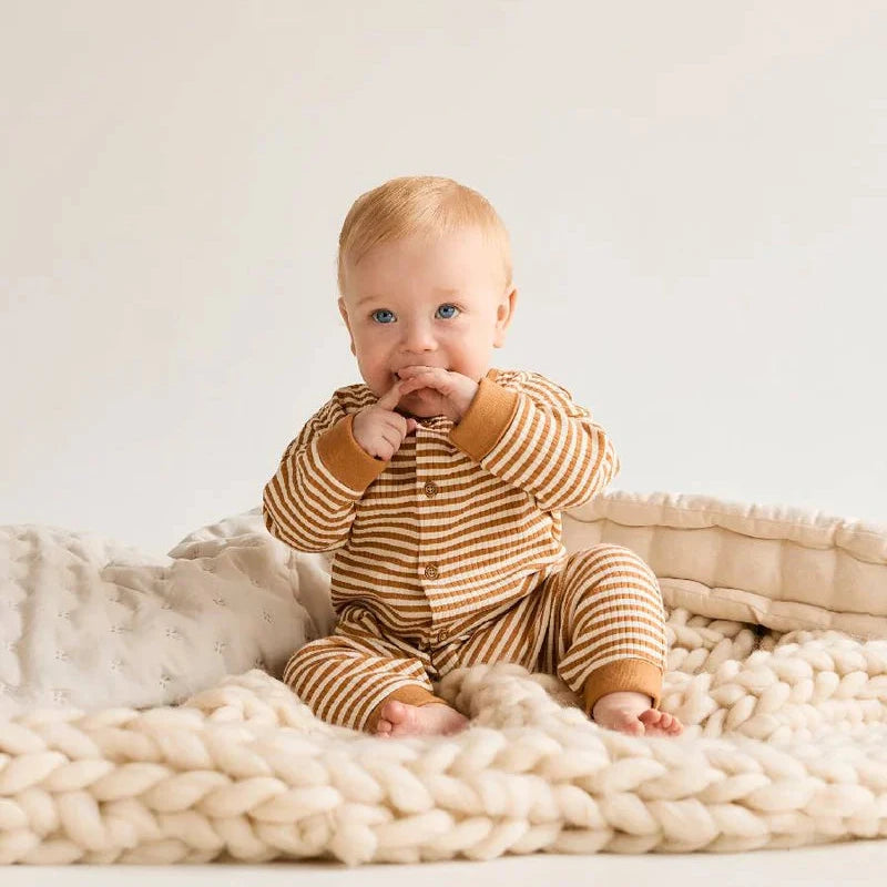 Baby unisex striped romper in brown cotton