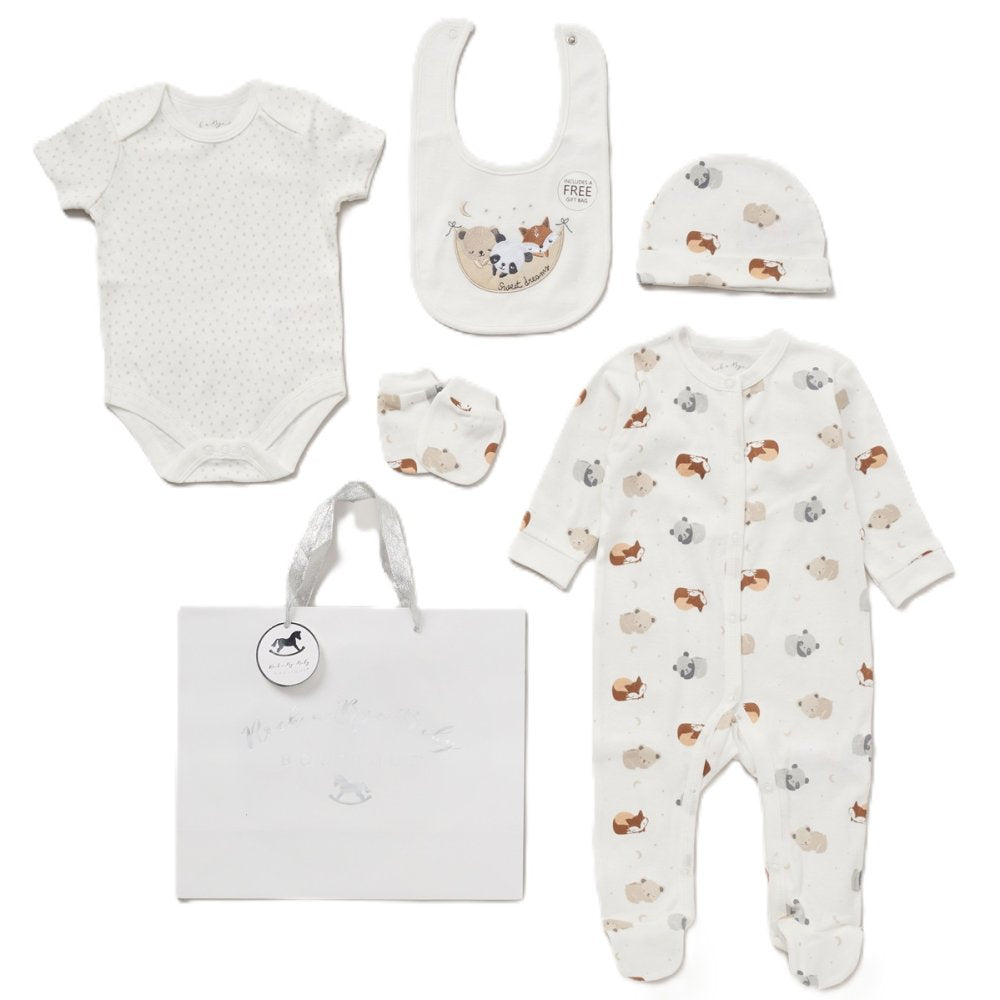 Baby unisex sweet dreams 5 piece clothing set including sleepsuit, bodyvest, bib, hat and mittens