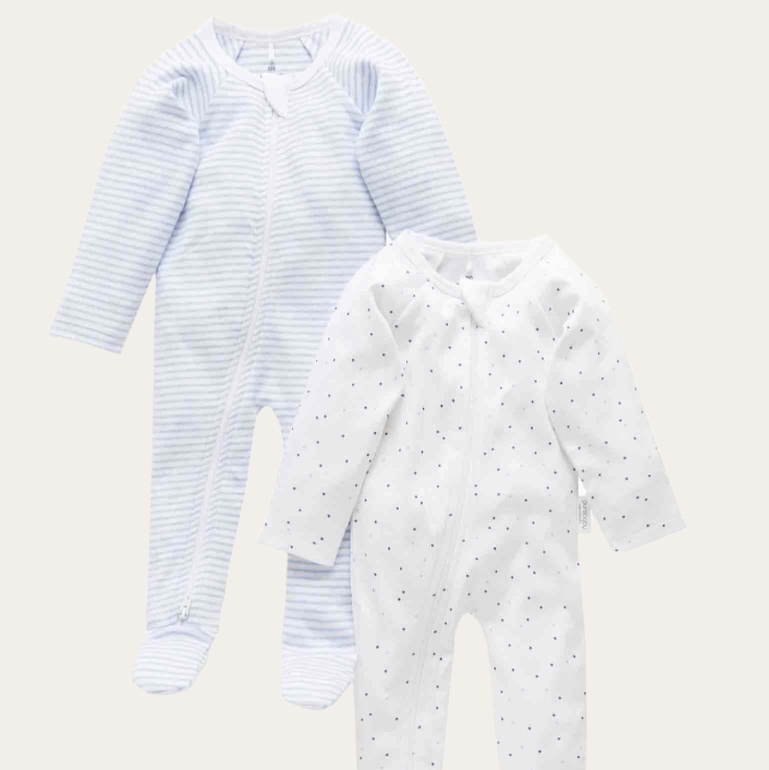 Baby zip growsuits with bear print in pale blue