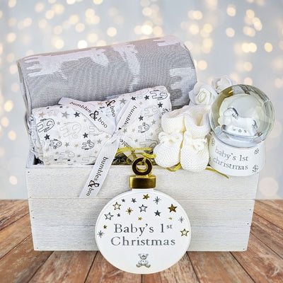 baby Christmas hamper with white products.