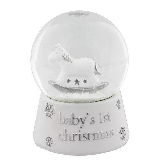 White rocking-horse snowglobe with silver wording that reads &quot;baby&#39;s 1st christmas&quot;
