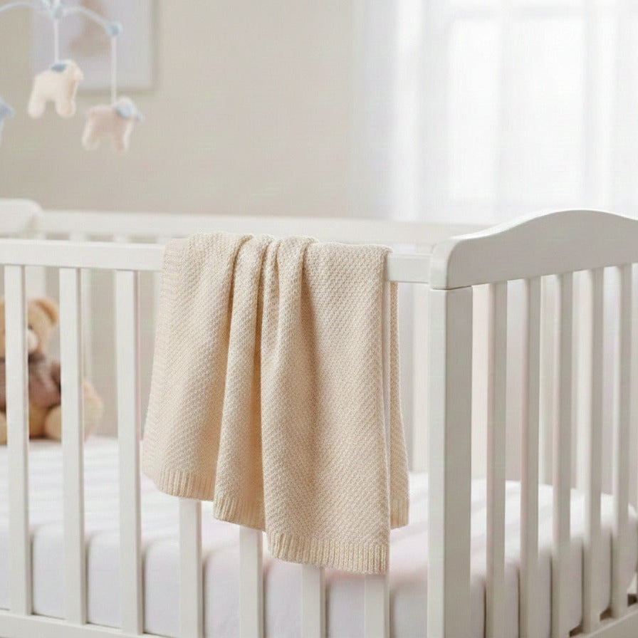 White crib with beige blanket and teddy bear in a nursery setting