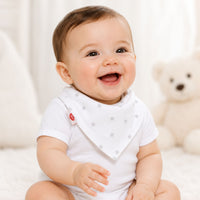 White and grey bandana bib for a baby