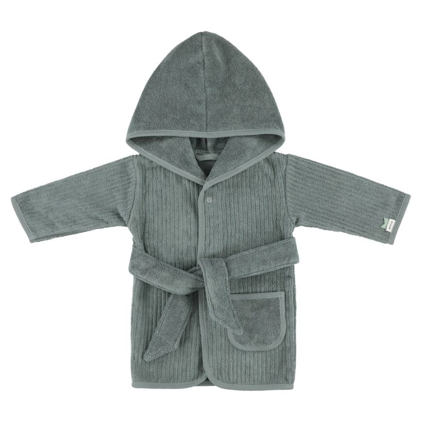 Soft organic bathrobe dressing gown with a hood in petrol blue for age 1-2 years