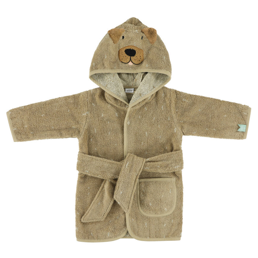 Soft organic cotton toweling dressing gown bath robe in light brown with puppy dog face on the hood with ears