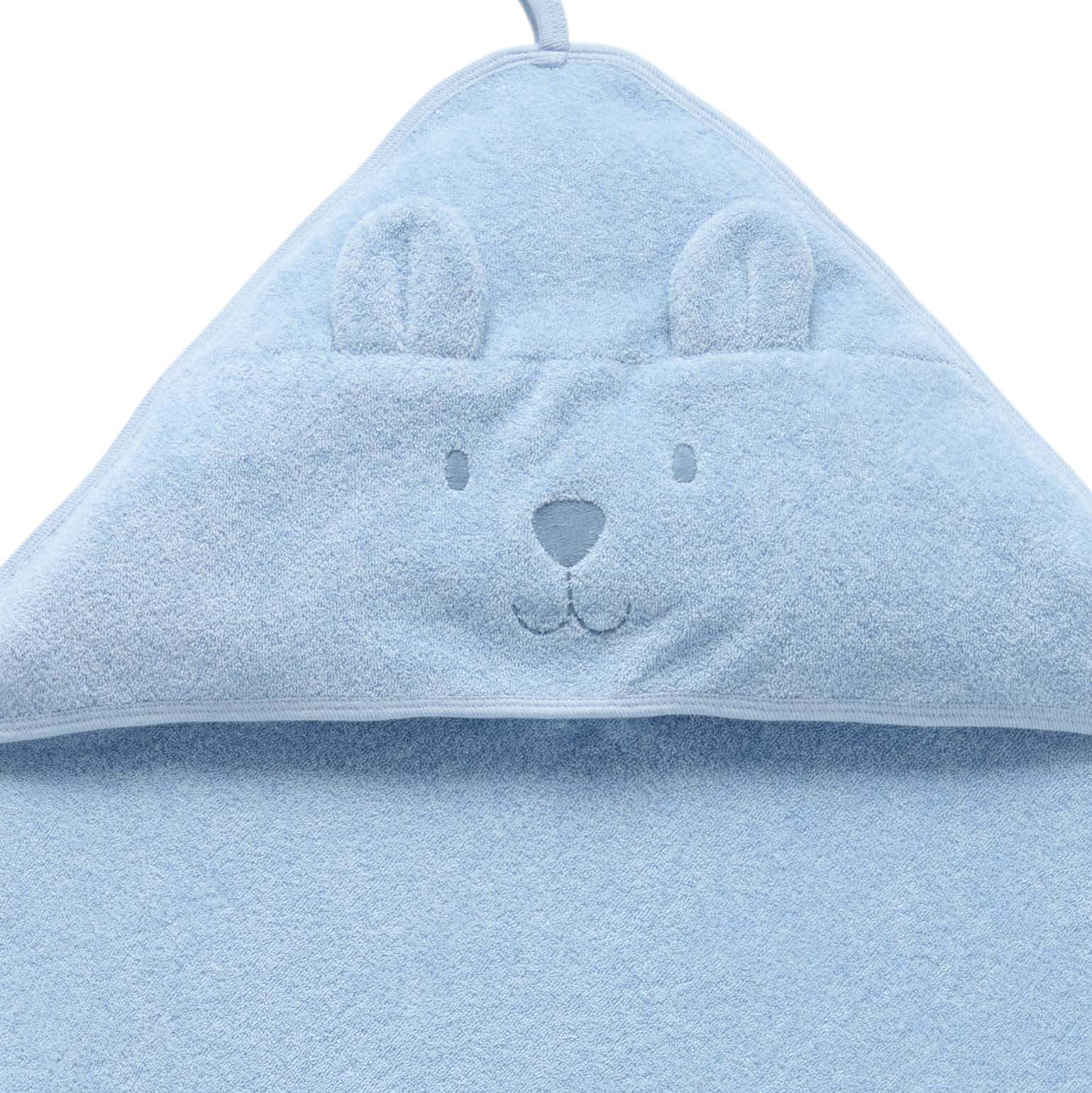 Blue organic hooded baby towel with bear face design