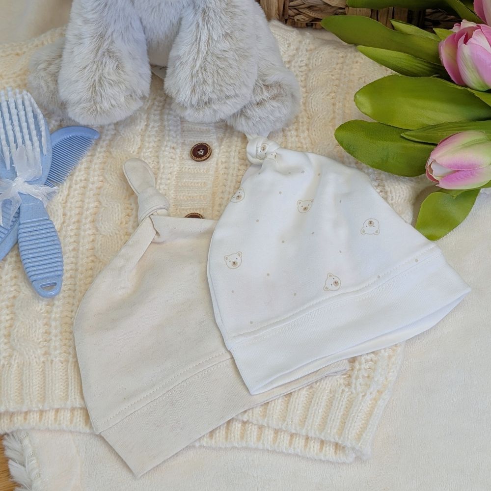 White with bear print and beige organic knot hat