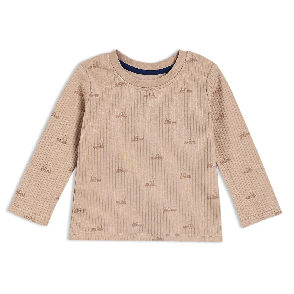 Beige ribbed long sleeve baby T-shirt with small repeating train motifs.