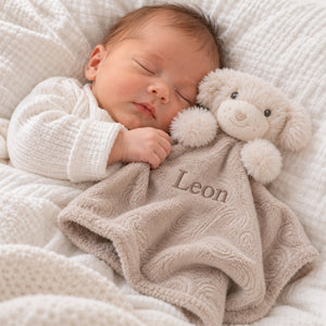 Personalised beige teddy baby comforter with embossed animals