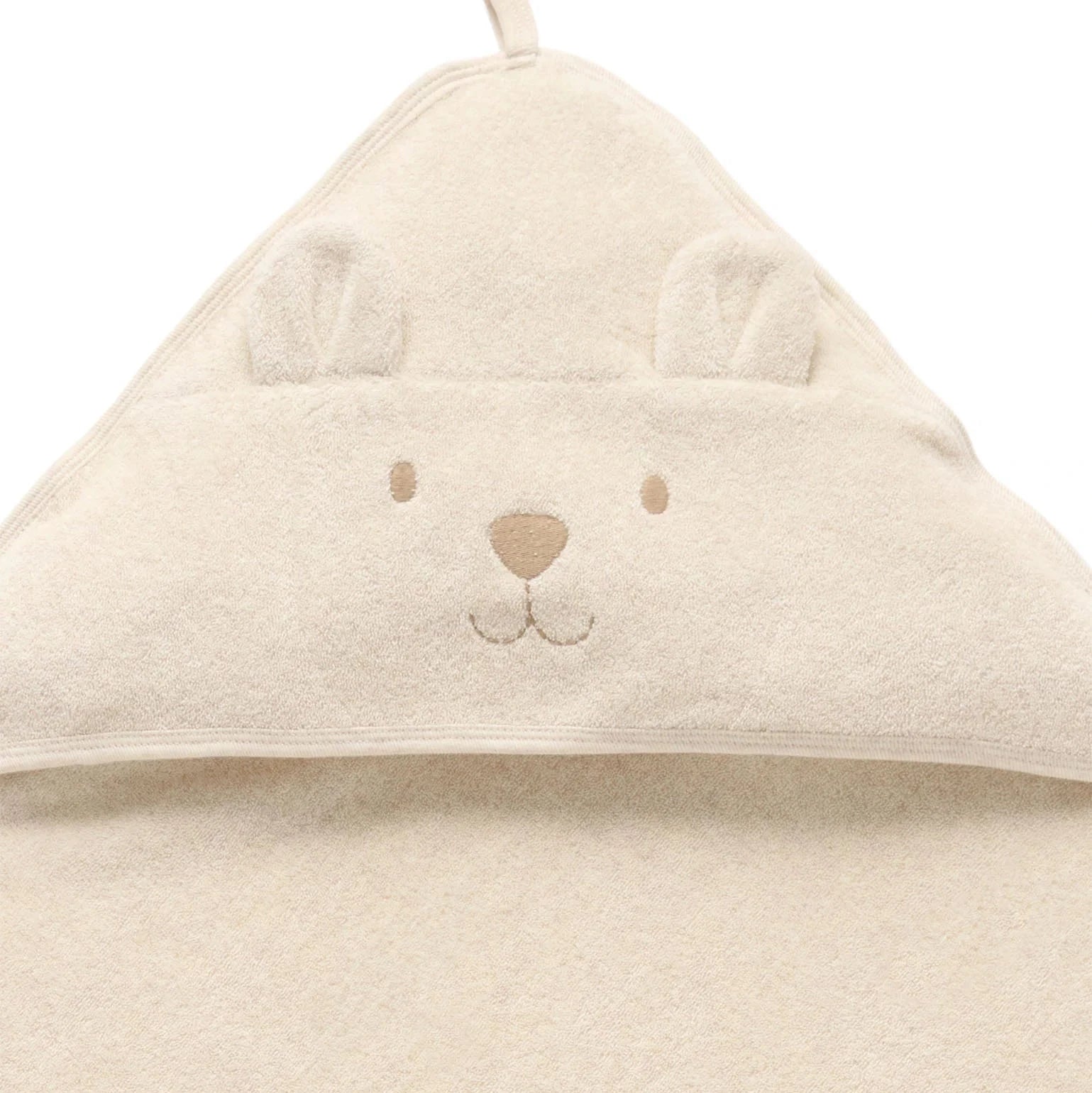 Beige organic hooded baby towel with bear face design