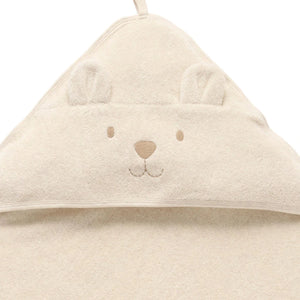 Beige organic hooded baby towel with bear face design