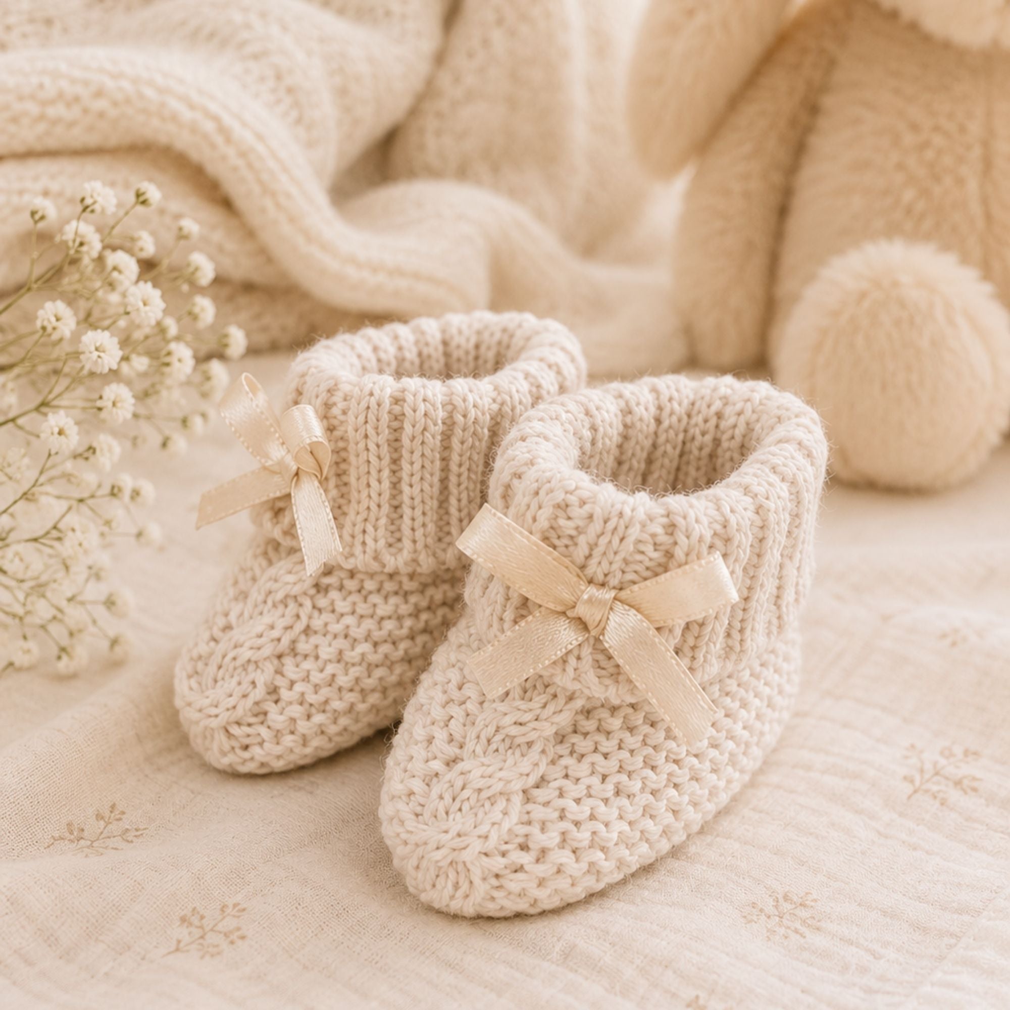 Beige knit baby booties with a little bow and turnover tops