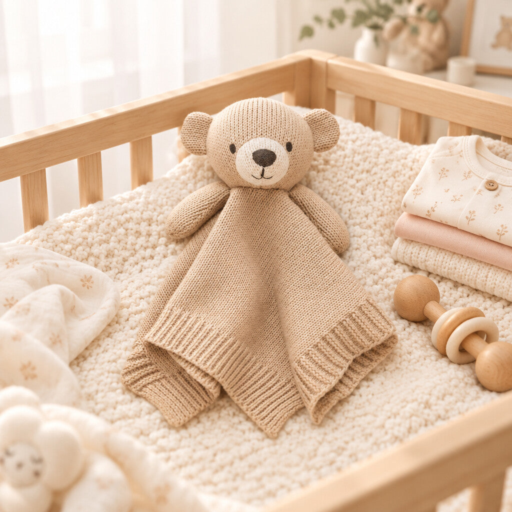 Beige knitted bear comforter with blanket style body and ribbed edging on a textured blanket