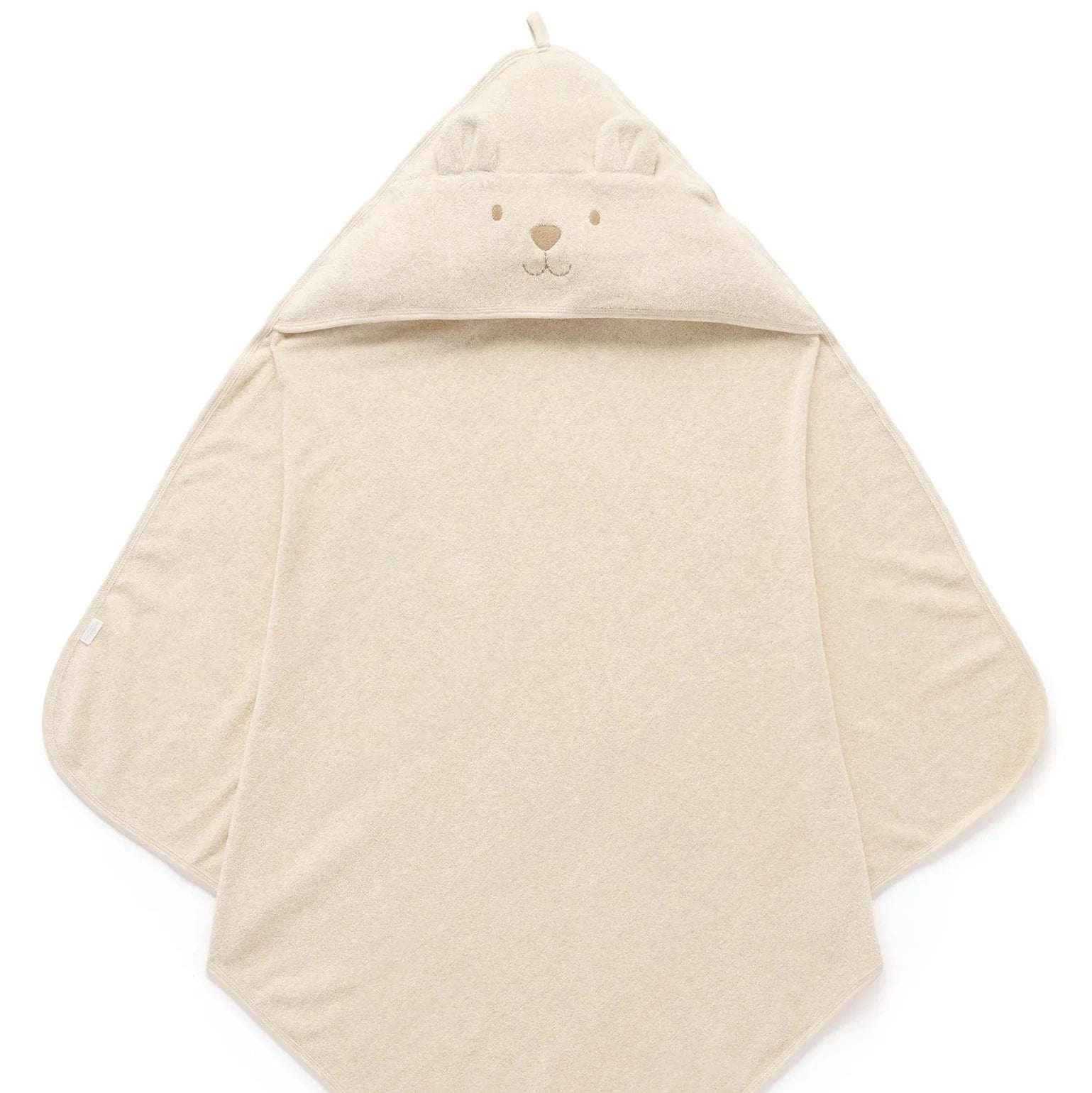 Organic beige  baby towel with bear face on the hood