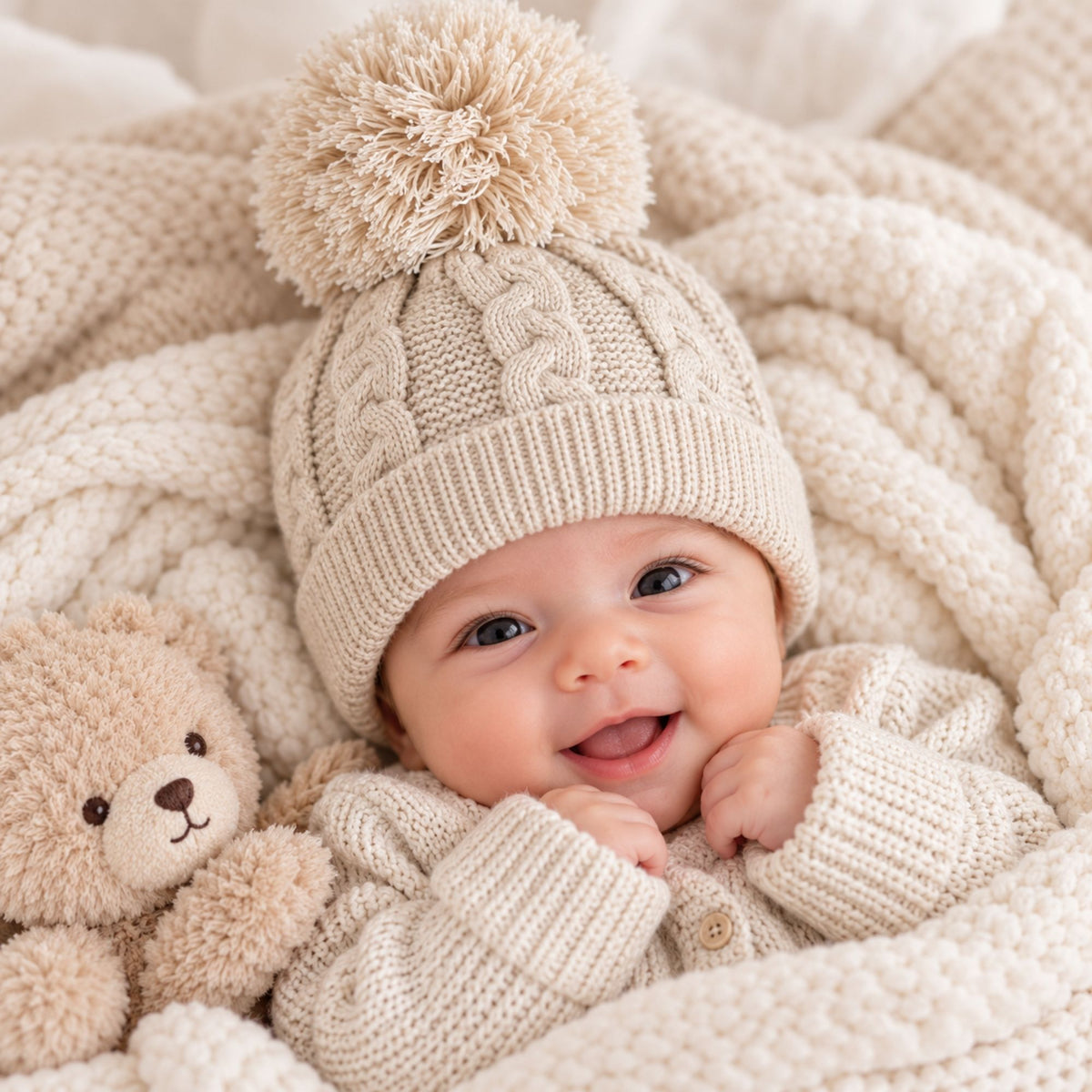 A beige knit pompom hat